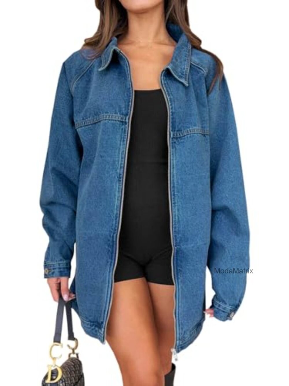 Oversized Denim Jacket Long Sleeve Zip Up Boyfriend Jean Coat Women Casual